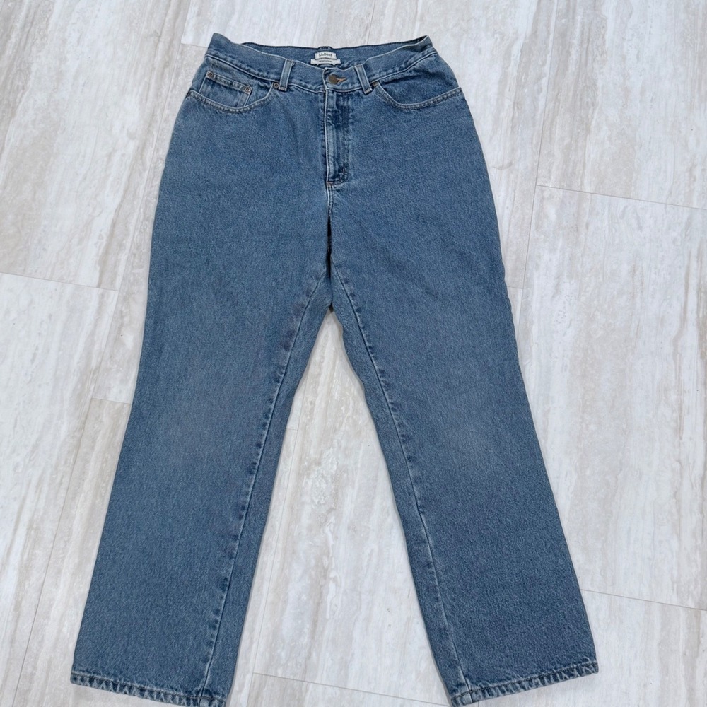 LL Bean Original Fit Flannel Lined Jeans Medium Wash Blue Plaid Size 12 Reg